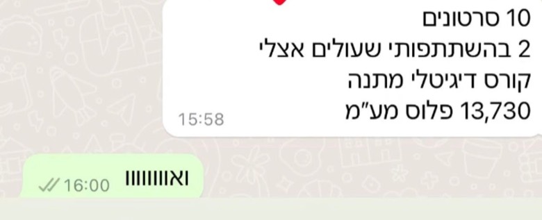 הודעת לקוח על חבילת ליווי שנסגרה בסך 13,730 שקלים פלוס מעמ.